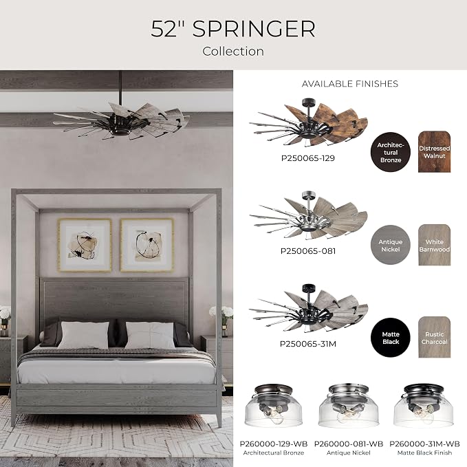 Progress Lighting Springer Collection DC Motor Farmhouse Windmill Ceiling Fan, Architectural Bronze, 12-Blade (52" W x 17-3/8" H) P250065-129