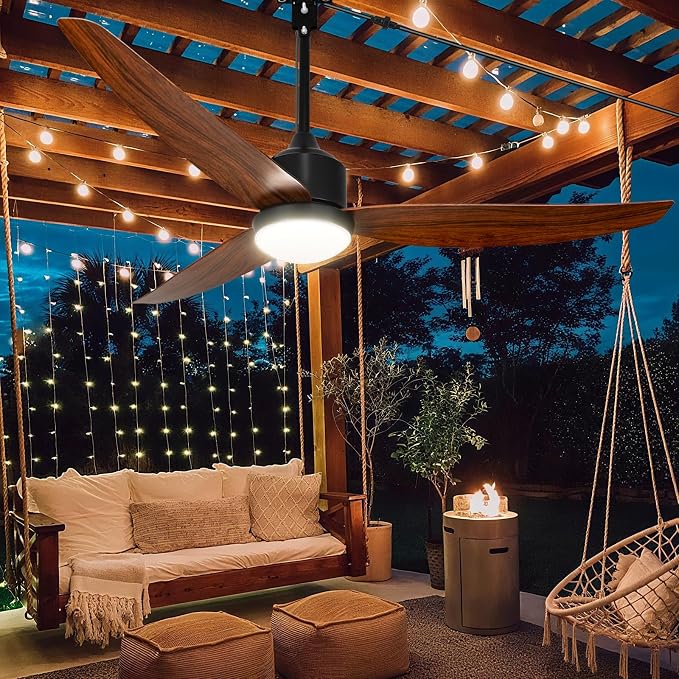 Depuley Outdoor Ceiling Fan with Light: 52 Inch Gazebo Fan Outdoor Hanging - Plug in Fan for Patio Waterproof - Dimmable Fans with Lights Remote App Control - Walnut