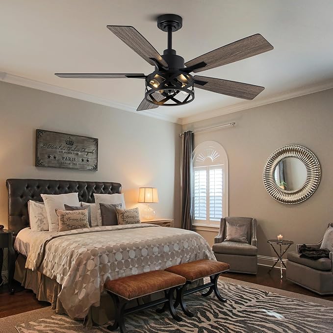 52" Farmhouse Ceiling Fan with Lights and Remote Control | Reversible DC Motor,5 Double Finish Wood Blades,Caged Rustic Ceiling Fan with Light for Bedroom,Living Room,Dining Room
