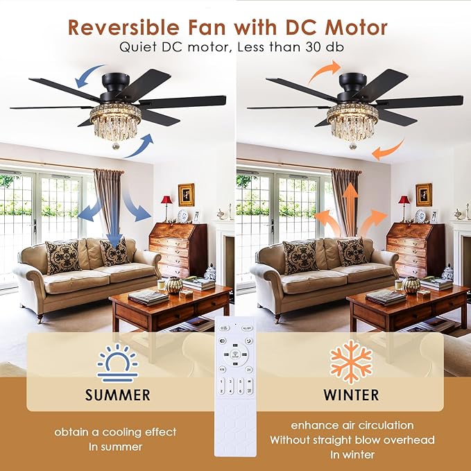 Asyko 52" Low Profile Crystal Ceiling Fans with LED Lights and Remote/APP | Supports Remote and APP,Reversible 6 Wind Speeds,30W Quiet DC Motor,6 Wood Blades,Dimmable 30W LED,Suits for Bedroom Kitchen