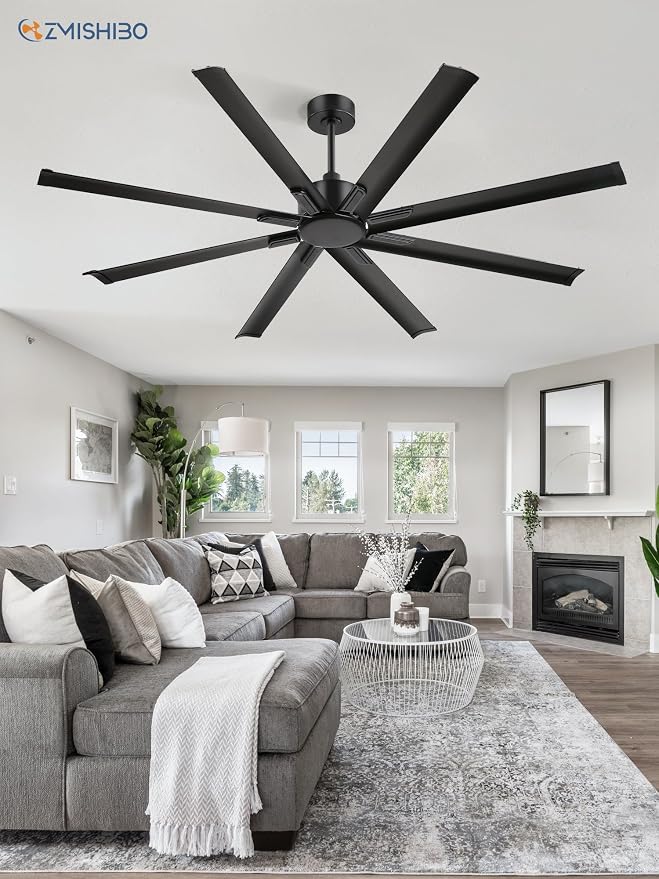 ZMISHIBO 72 Inch Ceiling Fan No Light, Large Black Ceiling Fan with Remote, Quiet DC Motor, and 6 Speeds, Indoor/Outdoor Industrial Ceiling Fans 8 Aluminum Blades for Patio, Garage, Shop, Black