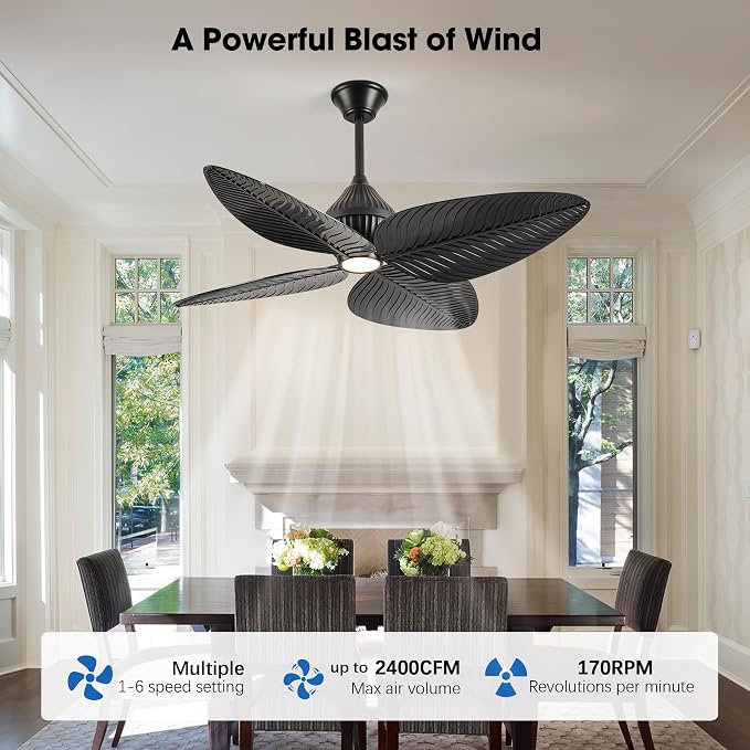 52" Tropical Ceiling Fans with Lights, Indoor Palm Leaf Ceiling Fan with Light and Remote for Living Room Bedroom, ABS Blades, Dimmable LED Lights, 6 Speeds, Adjustable Height-Black