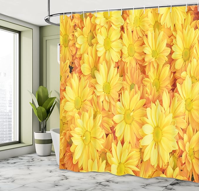 Ambesonne Yellow Flower Shower Curtain, Lively Daisies Fresh Bouquets with Natural Seasonal Bedding Plant Petals, Cloth Fabric Bathroom Decor Set with Hooks, 69" W x 75" L, Marigold Yellow