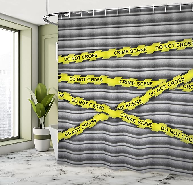 Ambesonne Police Shower Curtain, Crime Scene Investigation Do Not Pass Yellow Wraps Words Work of Art Print, Cloth Fabric Bathroom Decor Set with Hooks, 69" W x 70" L, Yellow Black Grey