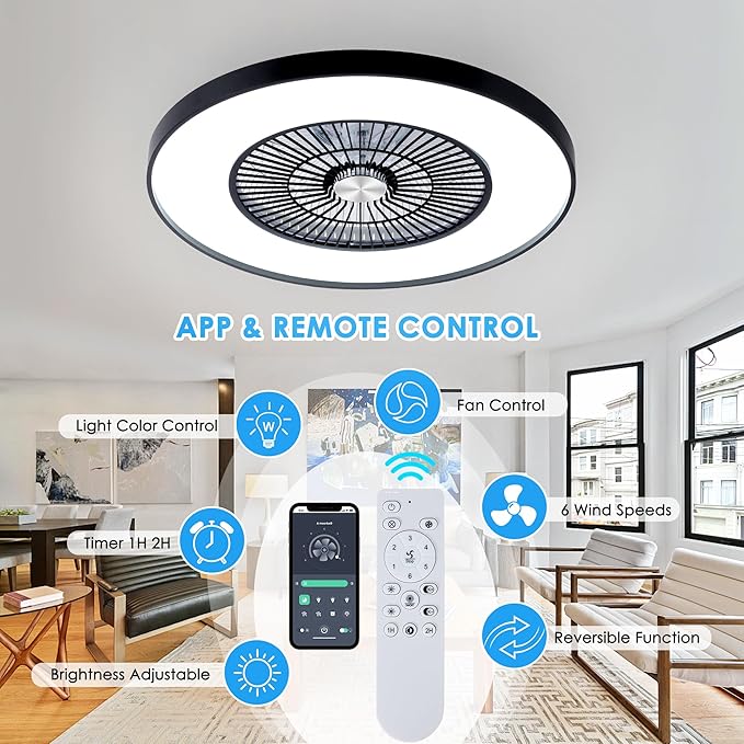 24" Bladeless Ceiling Fans with Lights and Remote/APP Control, Low Profile Ceiling Fan with 3-Dimmable Lights, Enclosed Flush Mount Ceiling Fan for Kid's Bedroom/Living Room
