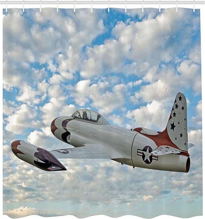 Ambesonne Airplane Shower Curtain, Vintage Plane in Mid-Air American Sky Aircraft Jet Transportation Themed Image, Cloth Fabric Bathroom Decor Set with Hooks, 69" W x 70" L, Blue Ivory