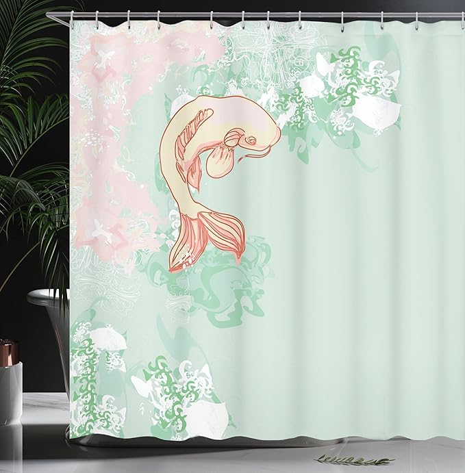 Ambesonne Japanese Shower Curtain, Pastel Colors Folk Koi Longfin Gurnard Fish Swimming Pale Complex Sea Backdrop Asian Art Image, Cloth Fabric Bathroom Set with Hooks, 69" W x 70" L, Pale Green Pink
