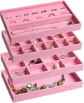 Frebeauty Jewelry Trays for Drawer,Set of 4 Jewelry Organizer and Storage | Velvet Material,Earring Holder Organizer,Stackable Jewelry Display for Vanity,Drawer Inserts for Rings,Studs,8.3×4.9 inch