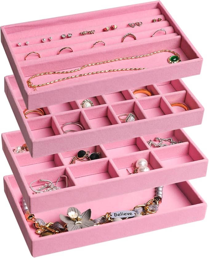 Frebeauty Jewelry Trays for Drawer,Set of 4 Jewelry Organizer and Storage | Velvet Material,Earring Holder Organizer,Stackable Jewelry Display for Vanity,Drawer Inserts for Rings,Studs,8.3×4.9 inch