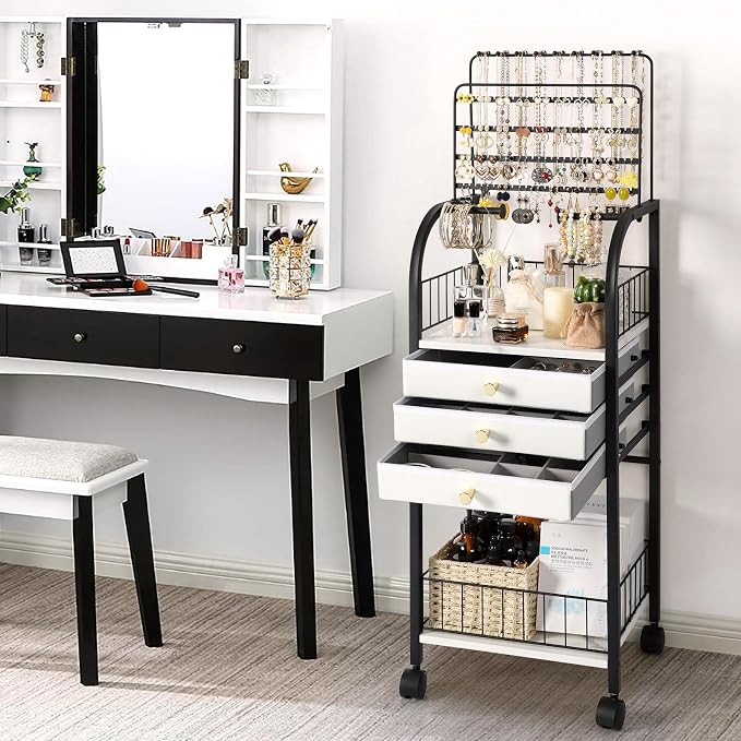 Keebofly Large Floor Jewelry Organizer Stand with 3 Drawers - Black | Mobile Jewelry Tower Holder with Display, Large Capacity Rack for Necklaces & Rings, Perfect Storage Gift for Women