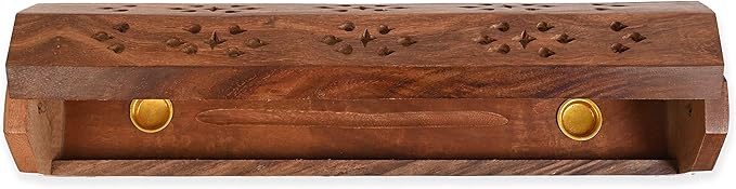 Incense Garden Pack of 2 Incense Stick Holder - Coffin Style - Wood Incense Stick Burner with Ying YANG Inlays (Natural) Handmade with Brass Inlays