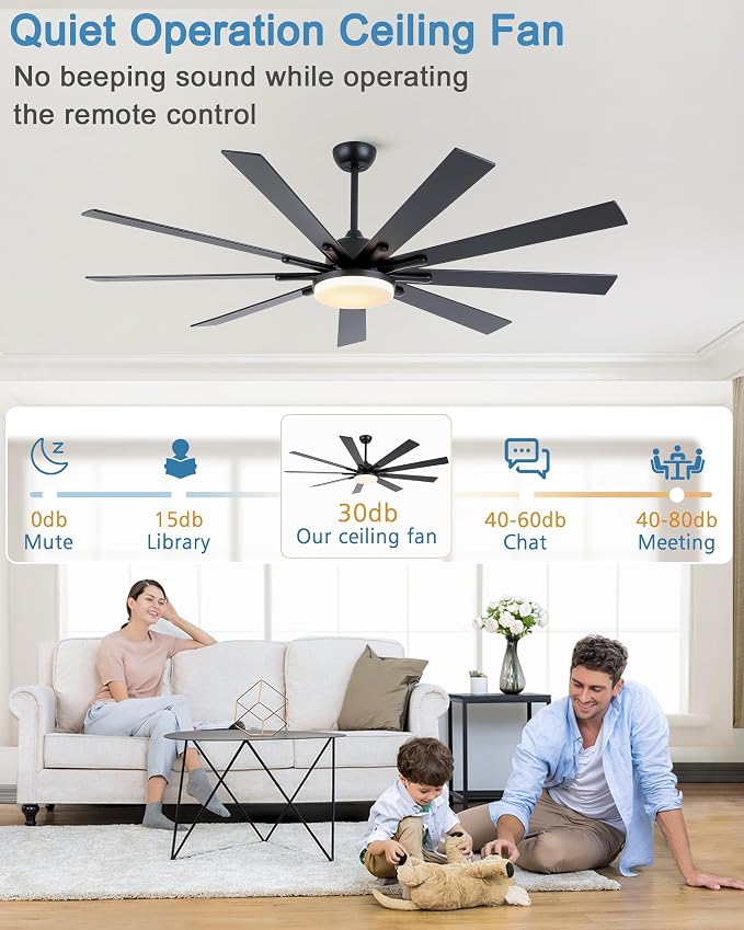 POCHFAN 72 Inch Ceiling Fans with Lights,Large Modern Ceiling fan with Remote and 9 Wooden Blades,Dimmable,6 Speeds,Noiseless Reversible Indoor&Outdoor Fan for Bedroom,Patio,Living Room