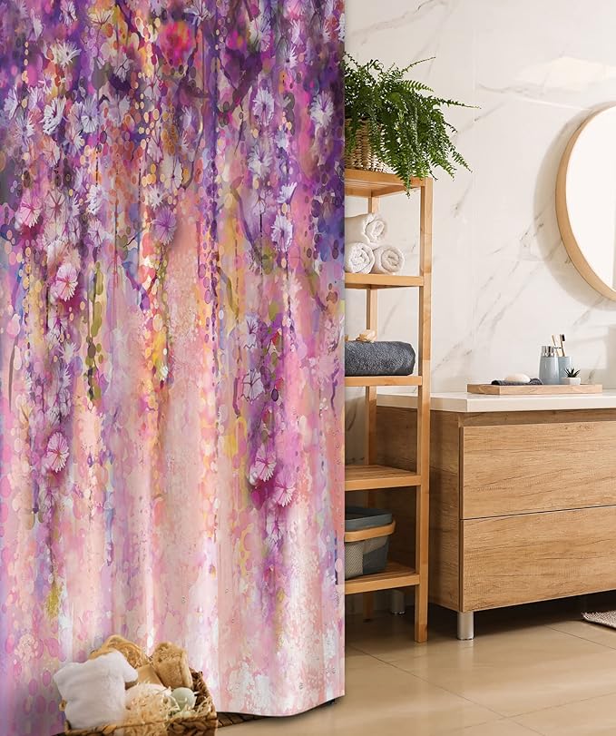 Ambesonne Watercolor Flower Stall Shower Curtain, Wisteria Tree in Full Blossom Romantic Spring Over Bokeh Background, Fabric Bathroom Decor Set with Hooks, 36" W x 72" L, Purple Peach