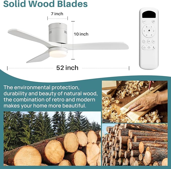 Sofucor Ceiling Fans with Lights-52 Inch Flush Mount White Ceiling Fan with Light and Remote Control,Low Profile Solid Wood Blades Modern Outdoor Ceiling Fans for Bedroom/Living Room/Dining Room/Patio
