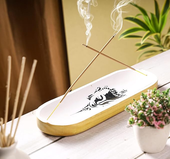 Yajna Traditional-Handmade Incense-Stick-and-Cones-Holder Incense-Burner-ash-Catcher-Stand Wooden-Tray-Holder (Black & White Buddha)