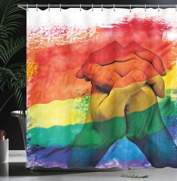 Ambesonne Pride Shower Curtain, Hands of Young Men Put Together on Abstract LGBT Parade Flag Love Wins Gay Partners, Cloth Fabric Bathroom Decor Set with Hooks, 69" W x 70" L, Multicolor White