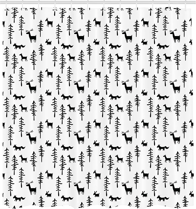 Ambesonne Forest Shower Curtain, Christmas Spirit Inspired Sketchy Reindeer Pine Trees Rabbits Animal Design, Cloth Fabric Bathroom Decor Set with Hooks, 69" W x 70" L, White Black