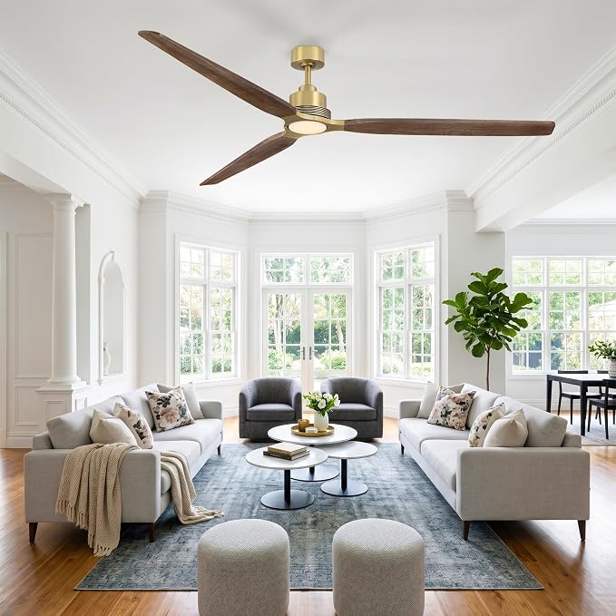 84 Inch Wood Ceiling Fan with Lights, Gold Ceiling Fan with Remote Control, Farmhouse Large Ceiling Fan for Living Room Dining Room Commercial, Quiet DC Motor Dimmable LED Reversible
