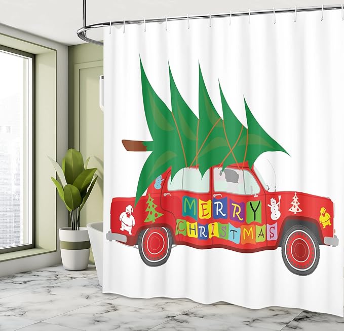 Ambesonne Christmas Shower Curtain, Red Vintage Car Xmas Tree Merry Celebration Words and Snowman Elf, Cloth Fabric Bathroom Decor Set with Hooks, 69" W x 70" L, Red Green