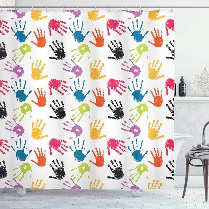 Ambesonne Cartoon Shower Curtain, Colorful Print Teamwork Painting Fun Games Illustration, Cloth Fabric Bathroom Decor Set with Hooks, 69" W x 70" L, Yellow Teal and Red