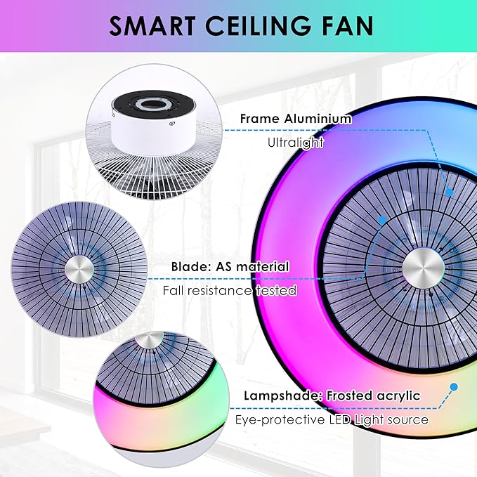 24" Bladeless Ceiling Fans with Lights and Remote/APP/Voice Control, Low Profile Ceiling Fan with RGB Lights, Enclosed Flush Mount Ceiling Fan for Kid's Bedroom/Living Room