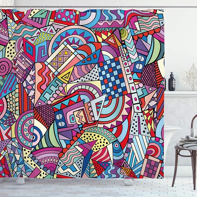 Ambesonne Psychedelic Shower Curtain, Colorful Funky Art 90's Stained Glass Style Triangle Squares Modern Art Print, Cloth Fabric Bathroom Decor Set with Hooks, 69" W x 70" L, Purple Soft Blue Coral