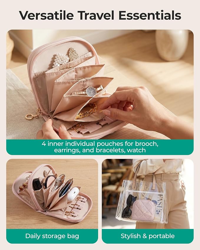 BAGSMART Travel Jewelry Case, Leather 2-Zip for Rings Necklaces | 2 zippered pockets, removable inner pocket, 3 tangle-free clips, 3 elastic pockets, 2 leather snap straps for rings/earrings