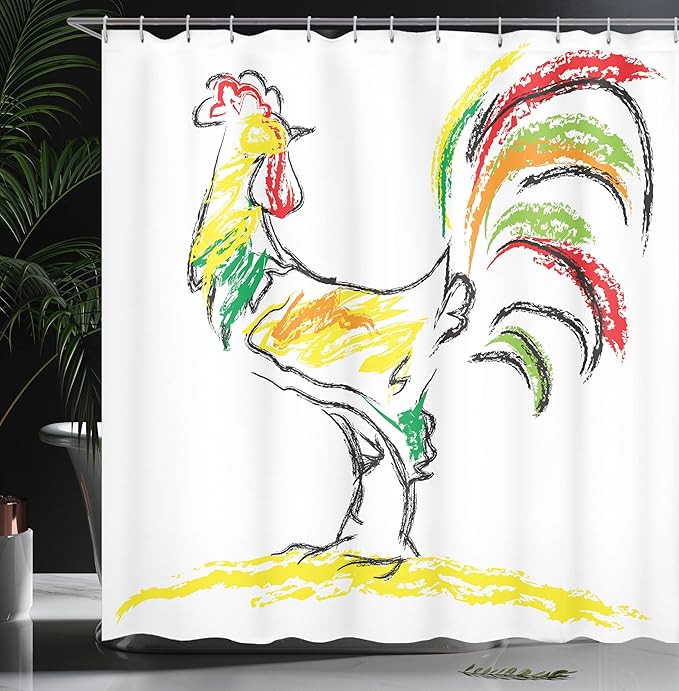 Ambesonne Gallus Shower Curtain, a Rooster and The Chicken Tail of Farm Animal Natural Look of Oil Pencil Drawing Effect of The Art, Cloth Fabric Bathroom Set with Hooks, 69" W x 75" L, Yellow Black