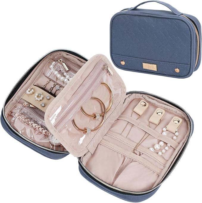 NISHEL Travel Jewelry Case Organizer, Tangle-Free Necklace Storage Bag | Stores rings, earrings, bracelets and watches in a compact case for travel and daily use, Aegean-Blue, Small