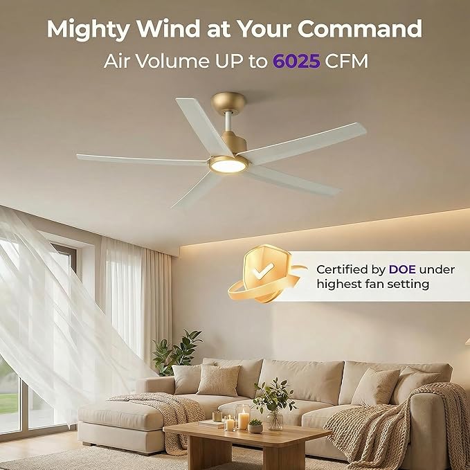 ocioc 52 inch Ceiling Fans with Lights and Remote Control Ultra Quiet DC Motor 3 Color Temperatures Modern Ceiling Fan for Bedroom Kitchen Indoor Covered Outdoor Gold