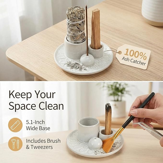 Palo Santo Sticks Holder, Multi-Purpose Handmade Ceramic Incense Burner for Palo Santo Incense Sticks, Sage Holder for Burning, Ash Catcher Tray for Meditation Yoga Room (Spotted White)