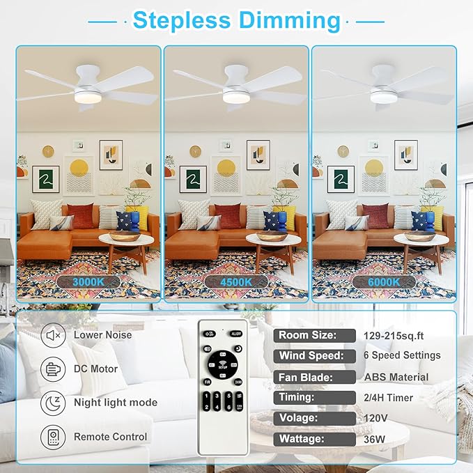 Depuley Modern Ceiling Fan with Light: 42-Inch White Small Fans for Bedroom Indoor Outdoor - Dimmable Low Profile Ceiling Fans with Remote Control Flush Mount 5 Reversible White Blades 6 Speeds Timer