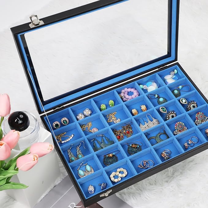 Stratalife 30 Grid Earring Organizer, Jewelry Holder Organizer with Lid | PU Leather Storage Box for Earring, Ring, Studs and Trinkets, Soft Velvet Drawer Organizer for Women, Dustproof, Blue Black