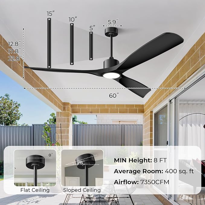 60" Ceiling Fan with Lights,Outdoor Ceiling Fan 3 Blade,Compatible with Alexa/Gg/App/Remote,3-Color Light 6-Speed Quiet Reversible DC Motor for Patio,Black
