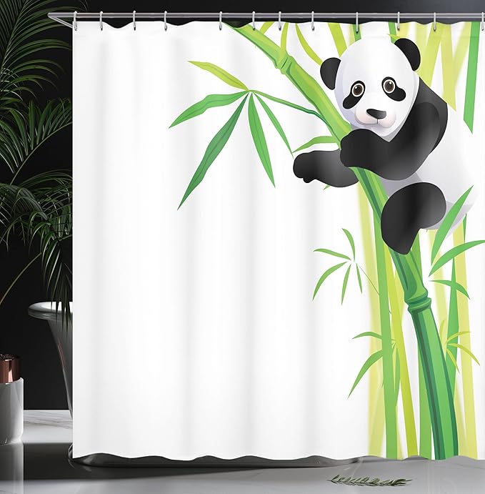 Ambesonne Panda Shower Curtain, Young Panda Hang on Exotic Tree Forest Wild Nature Tropic Themed Cartoon, Cloth Fabric Bathroom Decor Set with Hooks, 69" W x 70" L, White Black and Green
