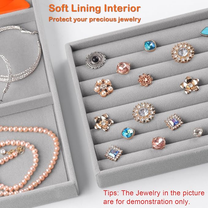 Set of 8 Velvet Jewelry Drawer Organizer Inserts, Stackable Trays with Removable Dividers, Earring and Ring Holder Display for Dresser, Storage Case for Necklace Bracelet Watch - Grey