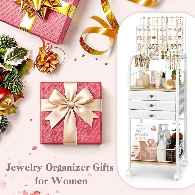 Keebofly Large Floor Jewelry Organizer Stand with 3 Drawers - White | Mobile Jewelry Tower Holder with Display, Large Capacity Rack for Necklaces & Rings, Perfect Storage Gift for Women