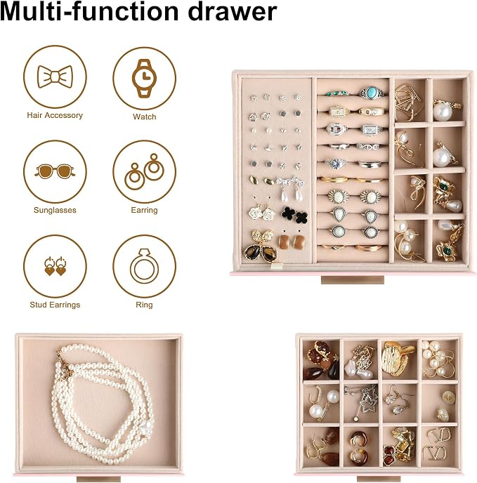 Frebeauty Jewelry Box for Women,Clear Lid Jewelry Organizer with 3 Drawers | Faux Leather,Velvet Lining,3 Layers,Jewelry Storage for Ring Earring Stud,Dustproof Design,Gift Choice,Golden Stylish Handle