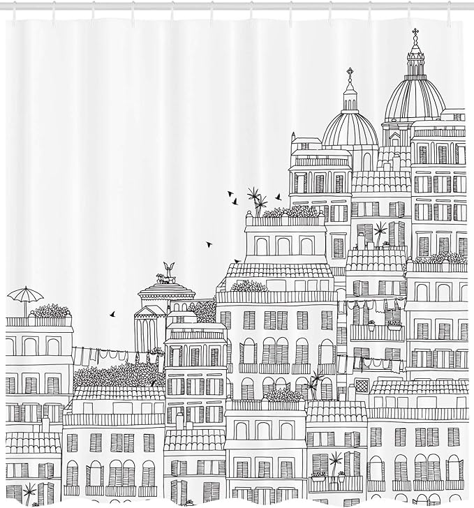 Ambesonne European Shower Curtain, Hand Drawn Italian Town Buildings Cityscape Famous Urban Houses Design, Cloth Fabric Bathroom Decor Set with Hooks, 69" W x 75" L, Grey Black