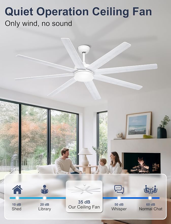 72'' White Large Ceiling Fan with Lights for Indoor/Covered Outdoor | Remote/APP Control, 3CCT Dimmable, Quiet DC Motor, Reversible Airflow, 8 Blades Modern Big Overhead Fan for Patio Living Room