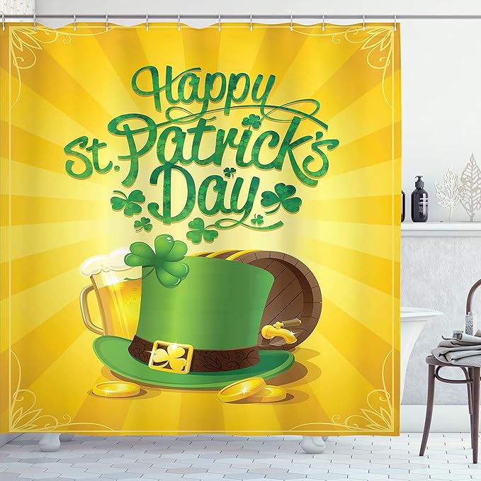 Ambesonne Irish Pub Shower Curtain, St Patrick's Day Celebration with Beer Clover Leprechaun Hat, Cloth Fabric Bathroom Decor Set with Hooks, 69" W x 70" L, Earth Yellow Green