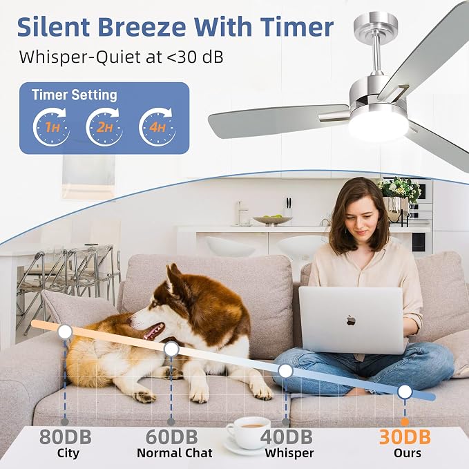 hykolity 52 Inch Modern Nickel LED Ceiling Fan with Light and Remote | 3CCT Dimmable LED Light, Quiet Reversible DC Motor, 6-Speed, Downrod Included, 3 Blade Ceiling Fans for Bedroom Living Room