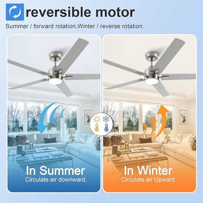 60 Inch Brushed Nickel Ceiling Fan with Light and Remote Control | 6 Speeds Reversible,Dimmable LED,3CCT,5 Blades,Quiet DC Motor Ceiling Fans for Indoor or Covered Outdoor Use