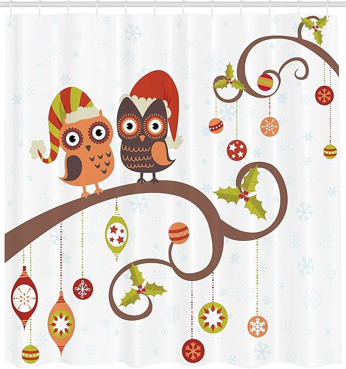 Ambesonne Christmas Shower Curtain, Owls on Celebrating Twiggy Tree Branches Annual Yule Noel Christmas Themed Print, Cloth Fabric Bathroom Decor Set with Hooks, 69" W x 75" L, Brown Red