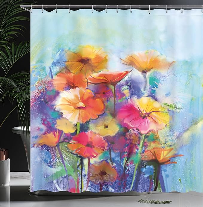 Ambesonne Floral Shower Curtain, Abstract Flower Bouquet in Soft Watercolors Daisies and Gerberas Spring Seasonal, Cloth Fabric Bathroom Decor Set with Hooks, 69" W x 70" L, Blue Purple