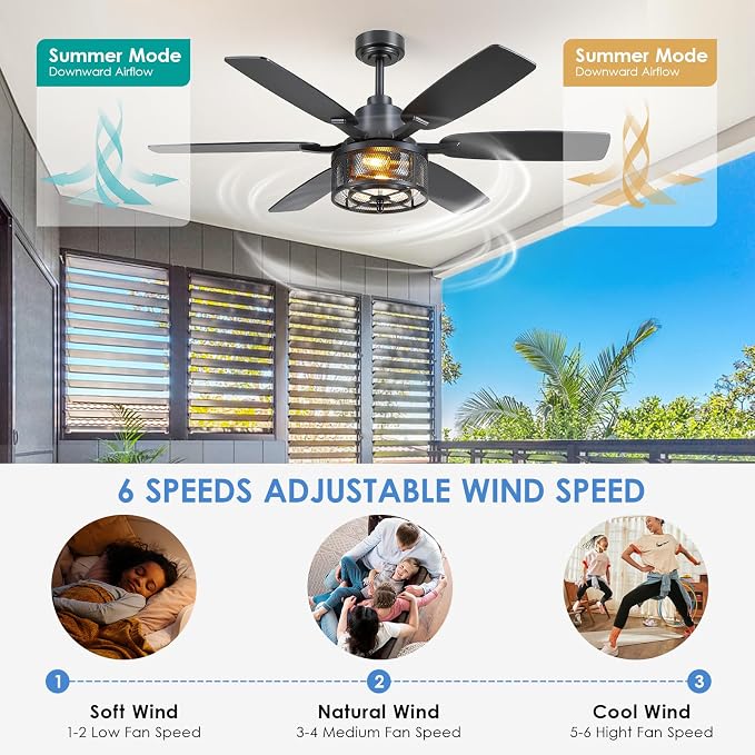 Hounberi 52" Farmhouse Ceiling Fans with Lights and Remote, Black Industrial Caged Ceiling with Seeded Glass, 6-Speed Reversible Quiet DC Motor, Black Ceiling Fan with Light for Living Room Kitchen