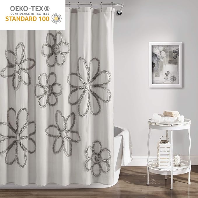 Lush Decor Light-Gray Ruffle Flower Polyester Shower Curtain (72" x 72")
