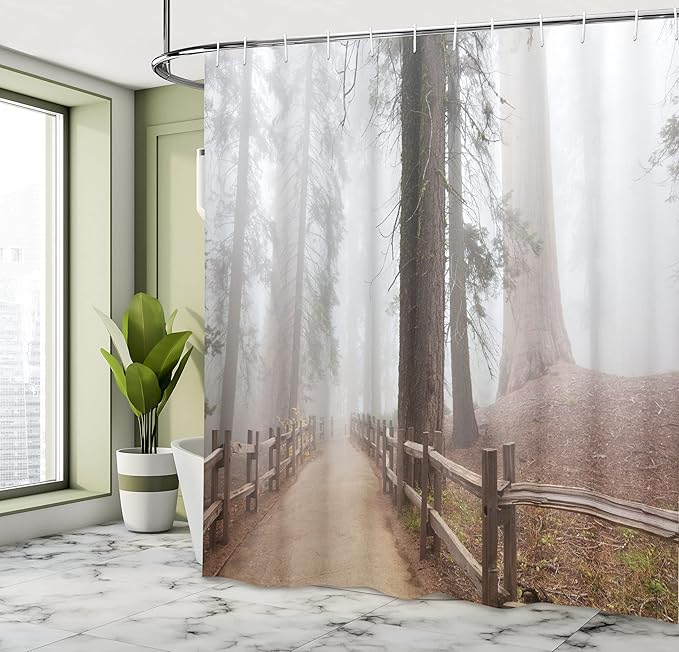Ambesonne Yosemite Shower Curtain, Evergreen Forest and Walkway in Sequoia National Park Foggy Morning Nature Art, Cloth Fabric Bathroom Decor Set with Hooks, 69" W x 84" L, Grey Brown