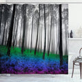 Ambesonne Forest Shower Curtain, Mystical Fantasy Woodland Under Heavy Fog Tall Trees Bushes Contrast Colors, Cloth Fabric Bathroom Decor Set with Hooks, 69" W x 84" L, Blue Green