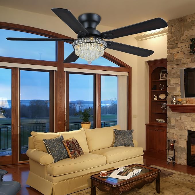 GJeg Crystal Ceiling Fan Fandelier with Lights-Ceiling Fans with Remote Control,Modern Ceiling Fan with Noiseless DC Reversible Motor,Dining Room,Living Room(52" Black)